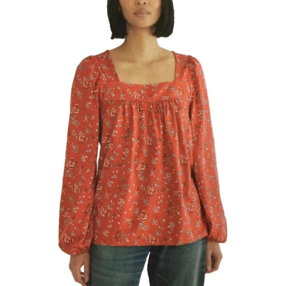 Lucky Brand Women's Long Sleeve Floral Peasant Top, Baked Apple Multi, XL